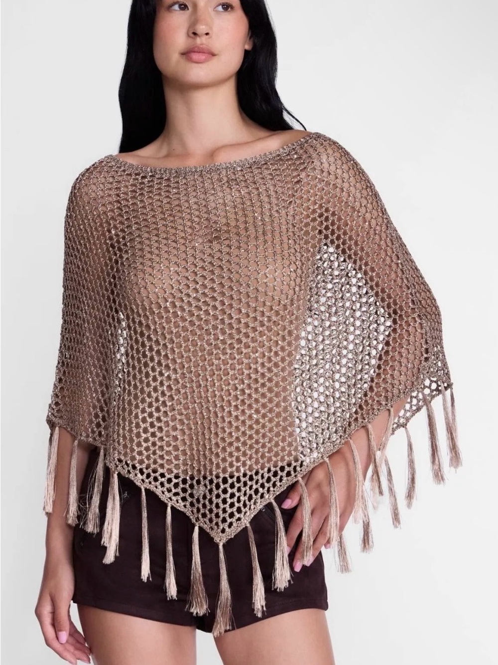 Madden NYC Brown Sequin knit Poncho with Tassels